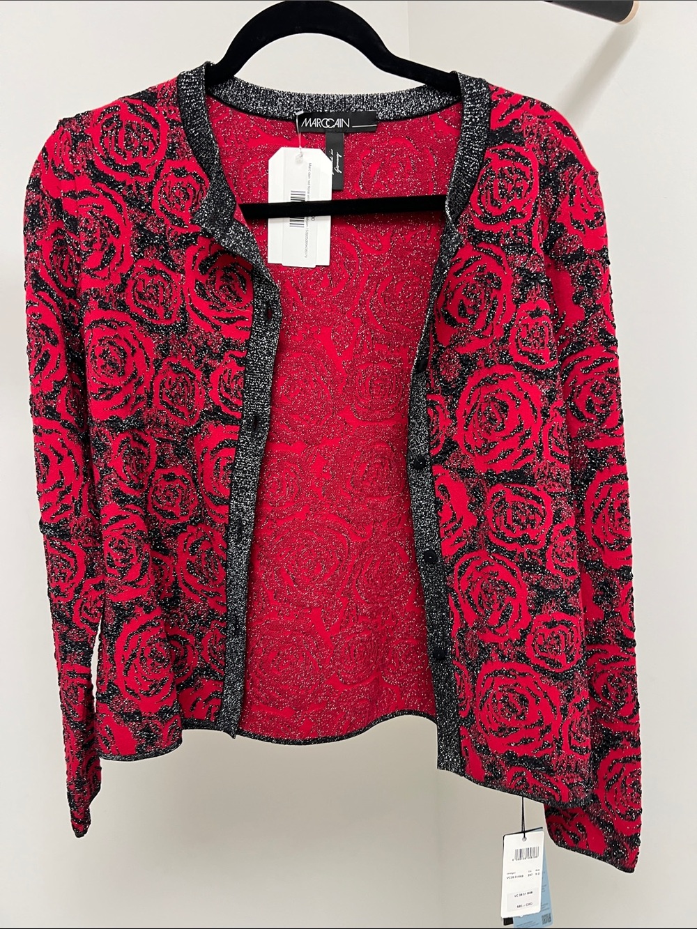 Marc Cain Red Rose-Motif Knit Cardigan with Metallic Trim